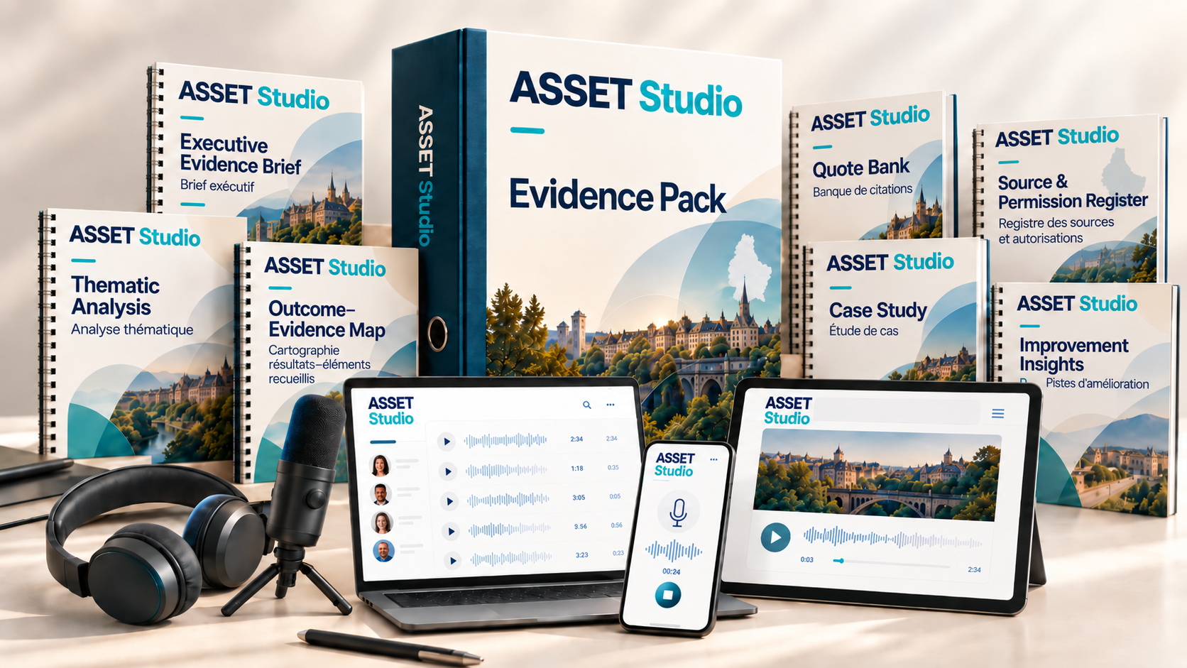 Mockup d’un Evidence Pack ASSET Studio, avec classeur principal, documents de synthèse et interfaces audio numériques.